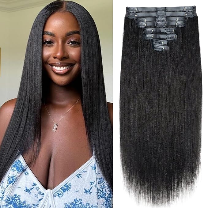 Seamless PU Yaki Straight Clip in Hair Extensions Real Human Hair For Women Invisible Yaki Straight Clip ins (18inch,#1B)
