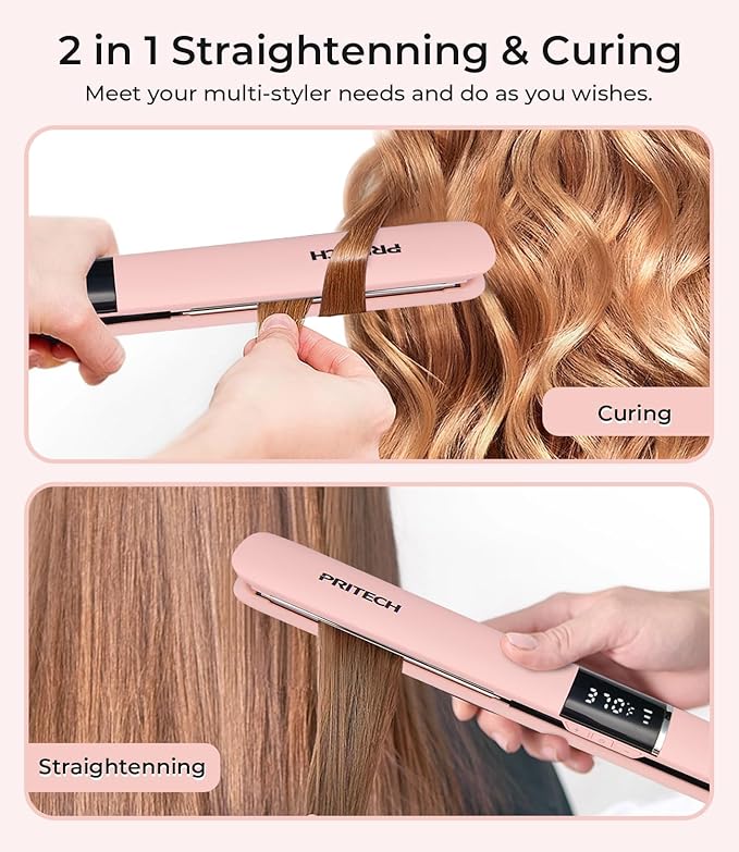 PRITECH Flat Iron Hair Straightener, Titanium Flat Iron with Adjustable Temp(290°F-450°F), 1 inch Plate for All Hairstyles Anti-Frizz Dual Voltage Straightening and Curler 2 in 1 (Pink)