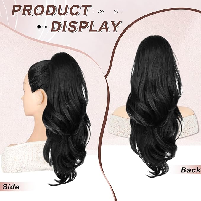 Ponytail Extension, Black Drawstring Ponytail Extension for Women Long Wavy Pony Tails Hair Extensions Synthetic Wavy Clip in Ponytail Hairpiece for Women, 20 Inch