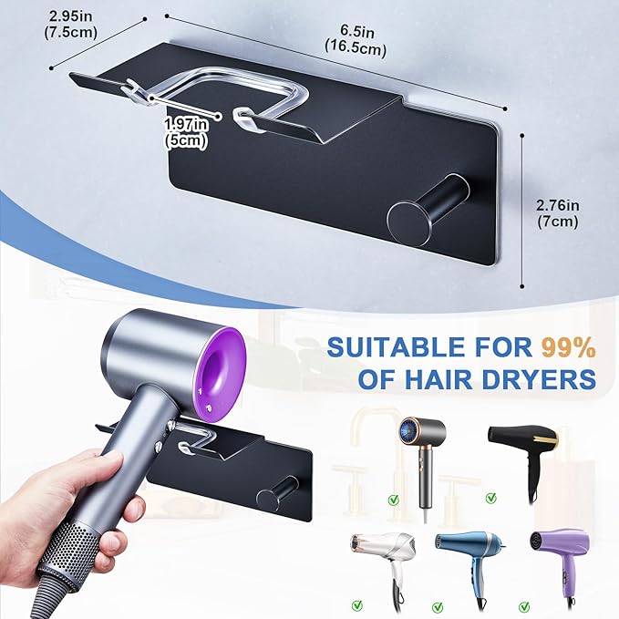 Hair Dryer Holder Wall Mounted, Blow Dryer Holder Adhesive, Metal Hairdryer Holder for Bathroom, Hair Tool Organizer with Plug&Cord for Cabinet Bathroom Bedroom Barber Shops