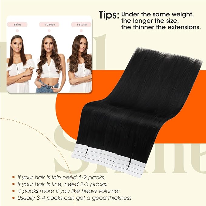 Full Shine Remy Tape in Hair Extensions Human Hair Double Sided Skin Weft Real Hair Tape in Extensions 22Inch Color 1B Off Black Seamless PU Human Hair Extensions 20Pcs 50Grams Add Length for Wedding