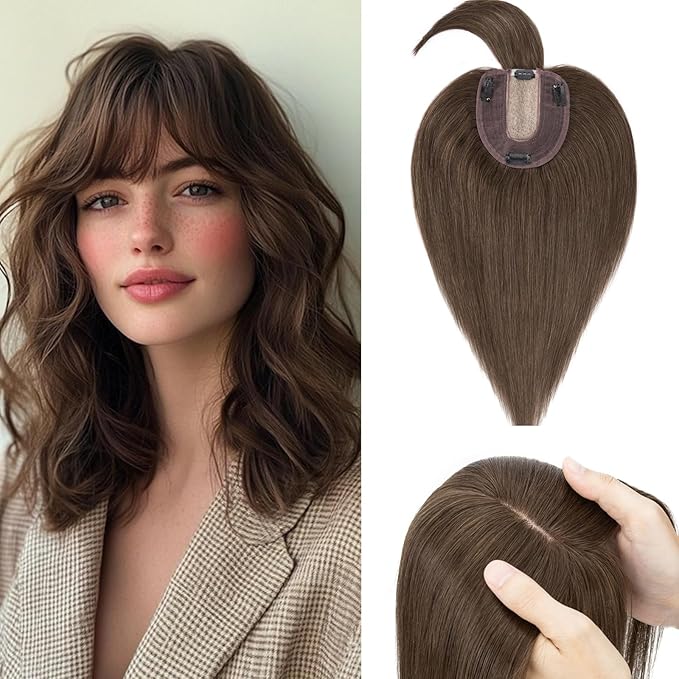 Rich Choices Real Human Hair Toppers for Women With Bang 100% Remy Human Hair Topper for Thinning Hair Clip in Silk Base Hair Topper 16 Inch #2R Chocolate Brown