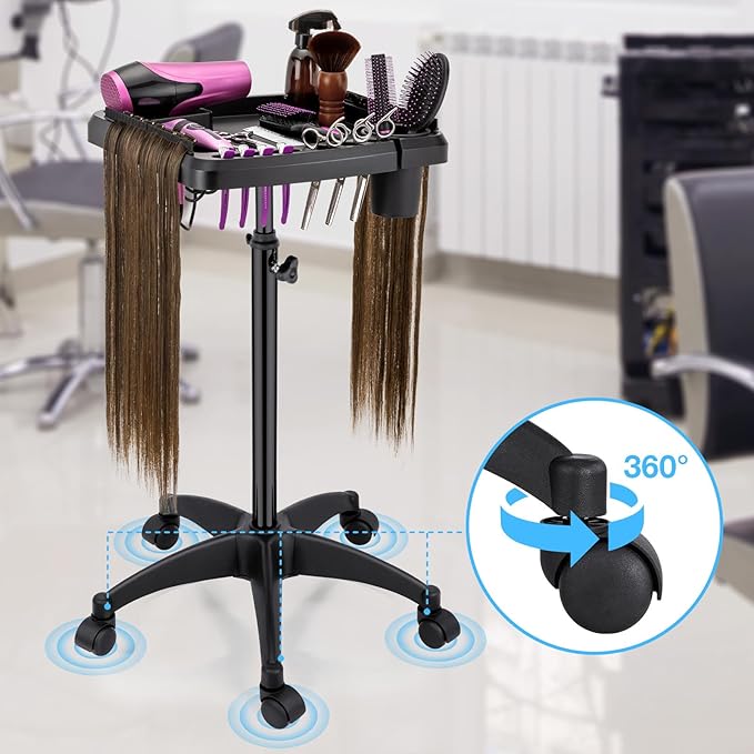 Hair Extension Tray Cart on Wheels w/Storage Holder, Height Adjust & Removable Hairstylist Rolling Tray Barber Tray Cart with Wheels, Salon Hair Extension Trolley Cart Hairdresser Stylist Color Tray
