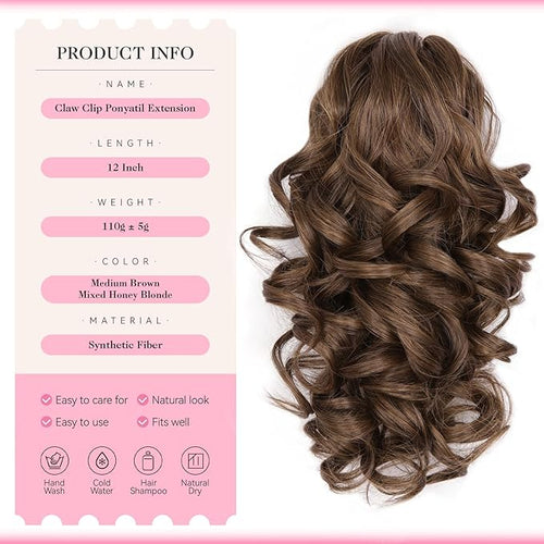 12 Inch Ponytail Extension - Clip in Ponytail Hair Extensions, Curly Wavy Pony Tails Hair Extensions, Synthetic Claw Clip Ponytail Extension for Women (Color: Medium Brown Mixed Honey Blonde)