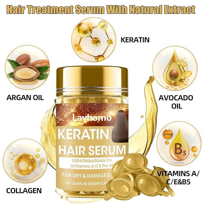 Keratin Hair Treatment Serum,Hair Serum Treatment for Dry Damaged Hair,Hair Oil Capsules with Keratin,Argan Oil-Leave-in Anti Frizz Conditioner with Vitamins A, C, E & B5- No Rinse for All Hair Types