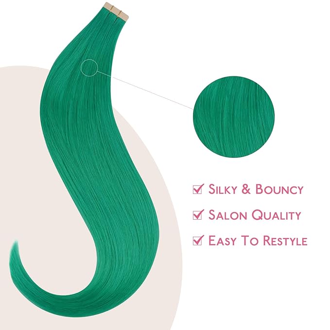 WENNALIFE Tape in Hair Extensions Human Hair Green Tape in Extensions, 10pcs 30g 26 inch Remy Invisible Tape Ins Straight Colored Soft Real Human Hair Tape in Extensions Refill Set Extensions