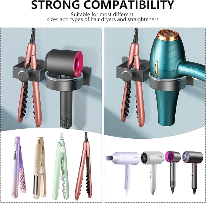 YUET Hair Dryer Holder Hairdryer Straightener Station Wall Mounted/Self Adhesive Metal Spiral Shelf Bracket Stand Hanger Organizer Blow Storage With Cable Tidy Rack For Dressing Table Bathroom (Grey)