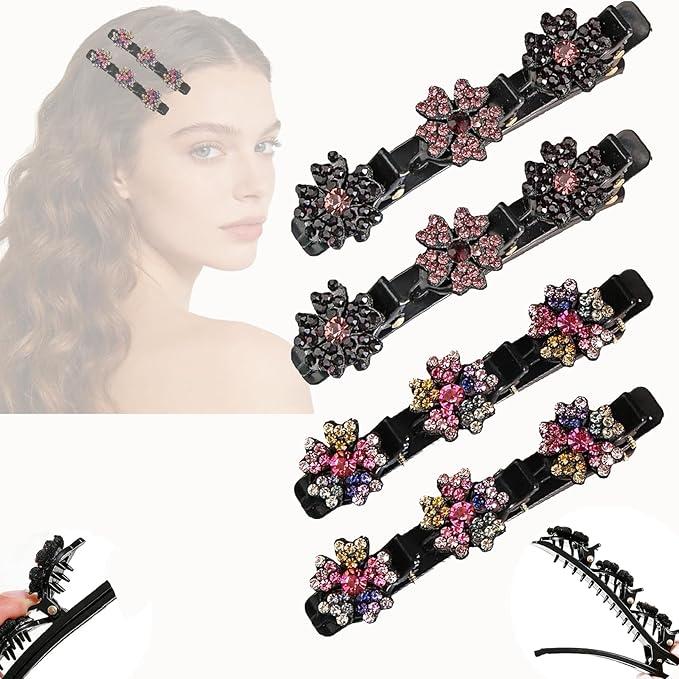 4PCS Sparkling Crystal Stone Braided Hair Clips for Women,Rhinestone Hair Clip for Short and Long Hair,Duckbill Hair Clips for Thick and Fine Hair,Hair Styling Accessories Birthday & Christmas Gifts