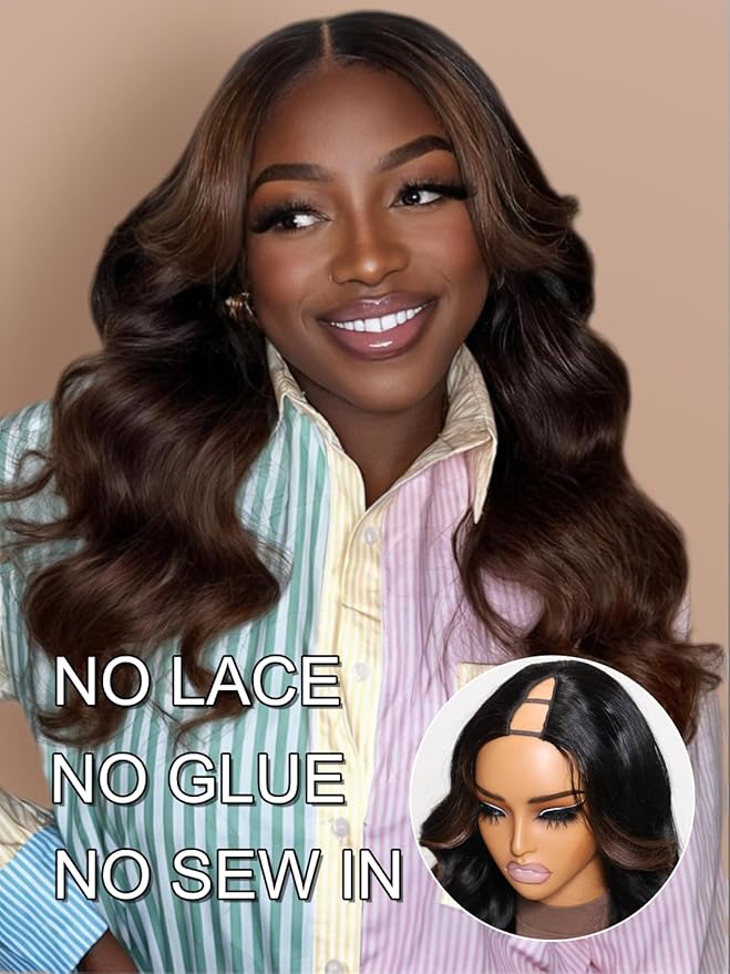 YIROO V Part Wig Human Hair Highlight Chestnut Brown Ombre Body Wave Human Hair Wig No Leave Out 12A Glueless Upgrade U Part Wigs Clip in Half Wig No Glue No Sew Beginner Friendly 150% Density 20inch