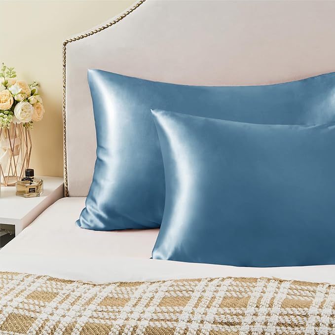 BEDELITE Satin Pillowcase with Zipper, Airy Blue King Size Pillow Cases Set of 2, Super Soft and Cooling Similar to Silk Pillow Cases, Gift for Women Men(20x36 Inches)