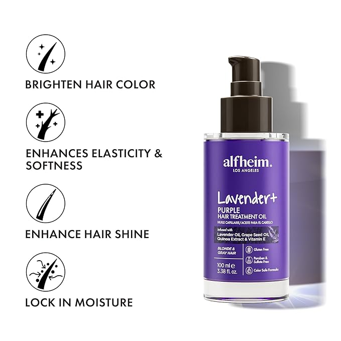 ALFHEIM Lavender+ Purple Hair Oil for Blonde, Silver & Color-Treated Hair – Anti-Brass & Frizz Control Serum – Restores Shine, Smoothness & Cool Radiance – with Grape Seed Oil – 3.38 oz / 100 ml