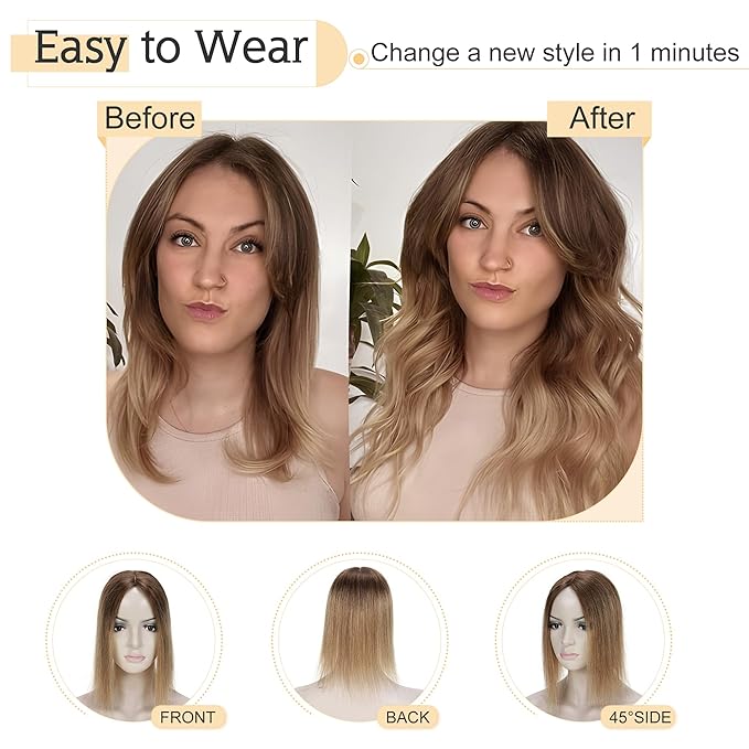 SEGO Human Hair Toppers for Women With Thinning Hair, 7 * 13CM Silk Base 100% Real Human Hair Clip in Top Wiglet Hairpieces -12 Inch No Bangs Medium Brown to Dark Blonde