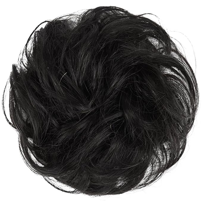 FESHFEN Human Messy Buns - 100% Human Hair Bun Real Scrunchies Hair Pieces Ponytail Extensions Wavy Tousled Updo Chignon Hairpieces for Women, Natural Black