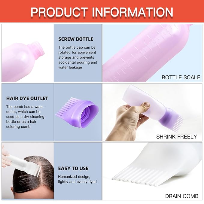 Root Comb Applicator Bottle, 6 Ounce, Hair Oil Applicator, Oil Applicator for Hair Dye, Oil Bottles for Hair, Hair Oiling Applicator with Graduated Scale (2 Pack+20 PCS Disposable Shower Caps, Purple)