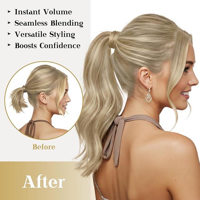 Ve Sunny Hair Extensions Ponytail Real Human Hair Wrap Around Clip in Ponytail Hair Extensions Straight Extensions Human Hair for Women Dark Golden Blonde Highlights 16inch 80G