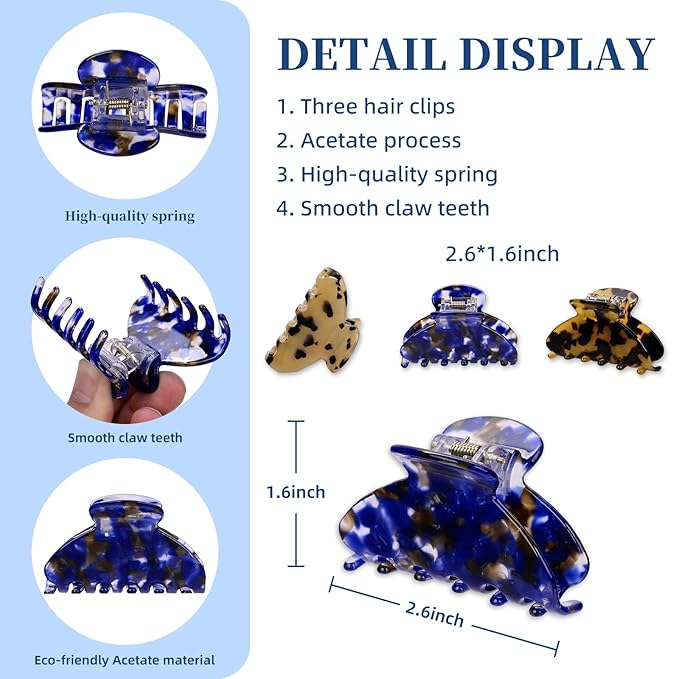 3 Pack Women's Hair Clips Set - Vintage Tortoise & Leopard Print Non-Slip Claw Clips, Celluloid Jaw Clamps for Medium Hair Hair Accessories Gift for Women