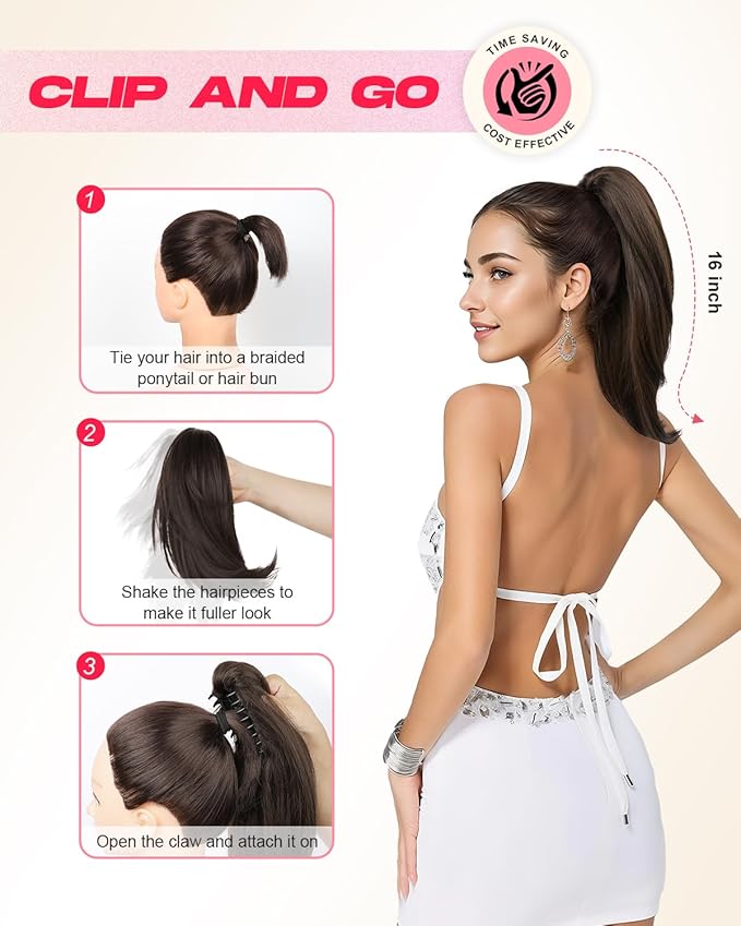 Ponytail Extension – 16” Claw Clip in Ponytail Hair Extensions Natural Soft Synthetic High Pony Tail Hairpieces for Women (Dark Brown with Highlights, 16 inch)