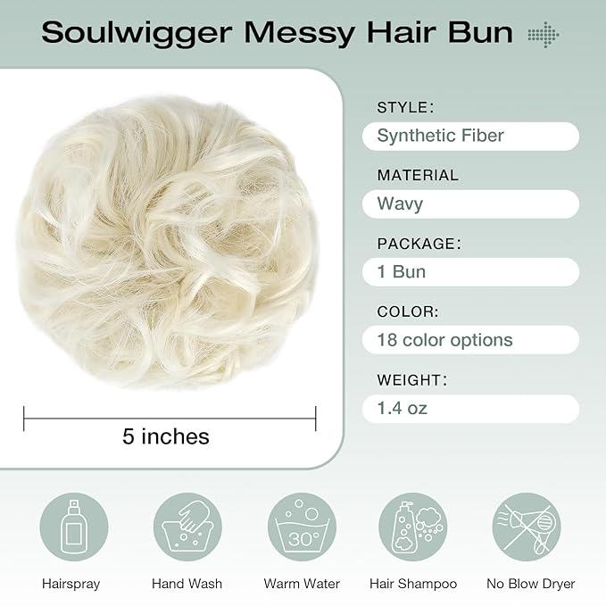 Messy Bun Hair Piece Wavy Curly Scrunchies Fluffy Donut Thick Updo Elegant Chignon Hairpieces for Women Girls, Platinum Blonde 1.4oz