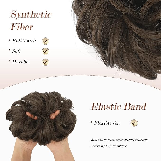 FESHFEN Messy Bun Hair Piece - Large Elastic Wavy Curly Hair Bun Scrunchies Ponytail Extensions Synthetic Chignon Hairpieces for Women, Golden Brown 1.94oz