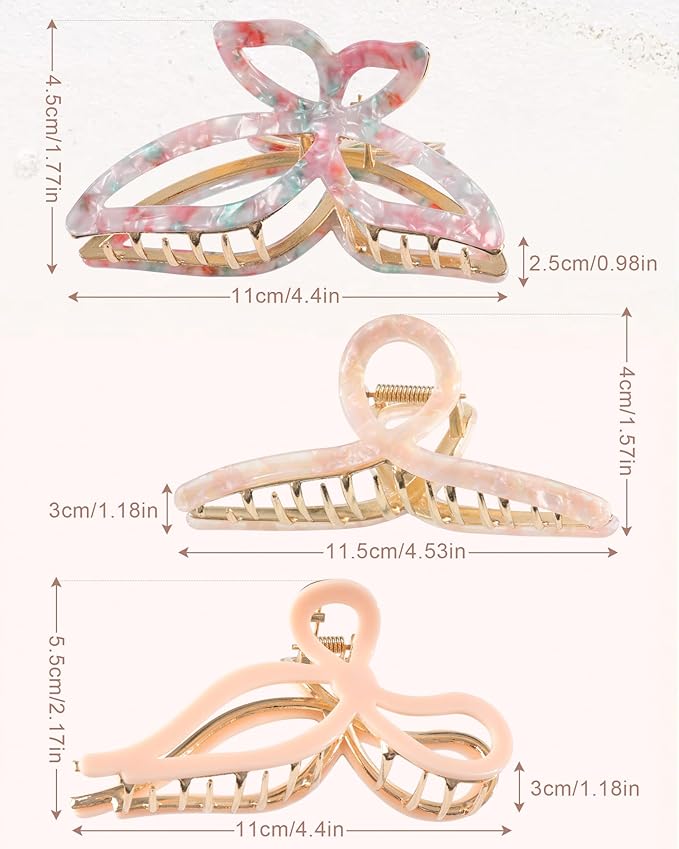 HAIMEIKANG 3 PCs Metal Acrylic Hair Bow Claw Clips - Strong Hold Non-Slip Large Gold Clips for Thick Hair