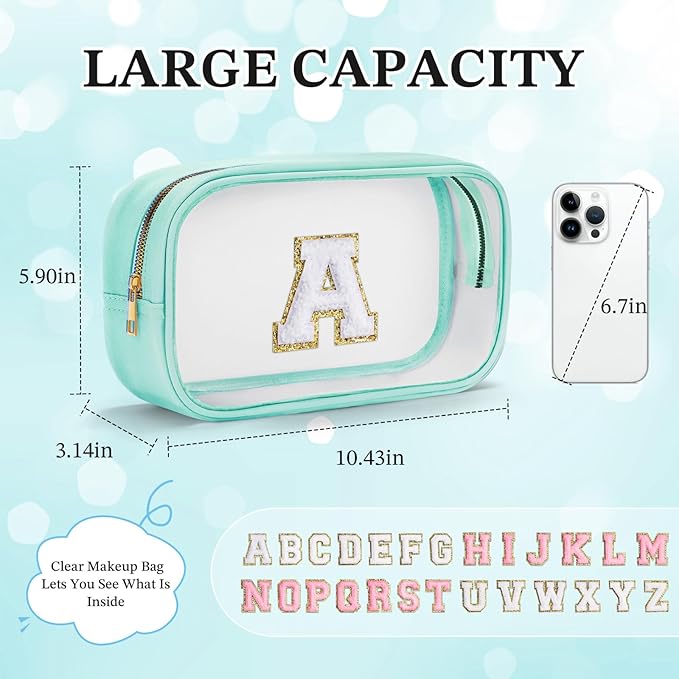 YOOLIFE Initial Clear Makeup Bag | Waterproof Large Travel Makeup Bag | Personalized Travel Beach Toiletry Bag | Clear Makeup Bags With Zipper | Teacher Teen Girls Women Birthday Gifts G Blue G