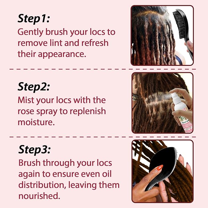 Rose Water Spray Scalp Moisturize Rose Water for Hair Refreshing- Rose Mist for Braid, Locs, Twist, Dreadlock, Rose Spray Medium Bristles for Thick Coarse Detangling Smoothing Wave Styles Set 3.4 floz