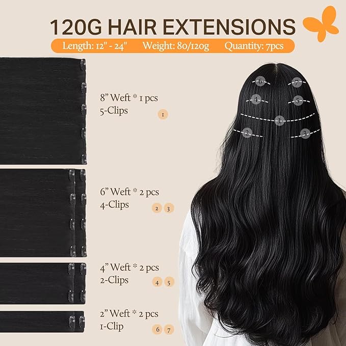 DOORES Clip in Hair Extensions, Jet Black 14 Inch 7pcs 100g, Remy Clip in Real Natural Hair Extensions Straight Thick Weft