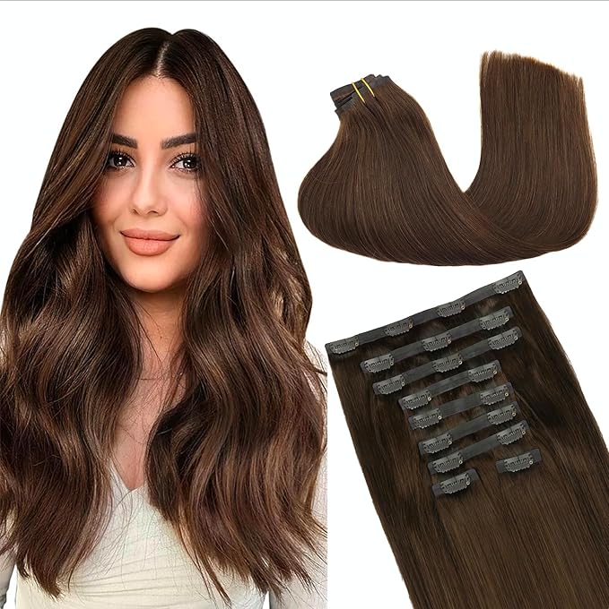 GOO GOO Clip in Hair Extensions Real Human Hair, Remy Human Hair Extensions Clip ins for Women, Natural Human Hair, 20inch 180g 9Pcs, #4A Chocolate Brown