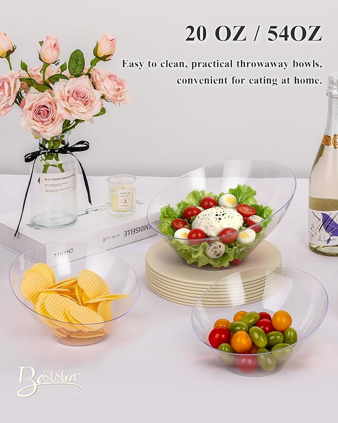 BESTSTAR Clear Plastic Serving Bowls 8 Pack 54 OZ– Angled Disposable Party Bowls for Chips, Salad, Fruit & Candy – Heavy Duty Clear Serving Bowls for Parties, Buffet, Catering, Wedding, Daily Use