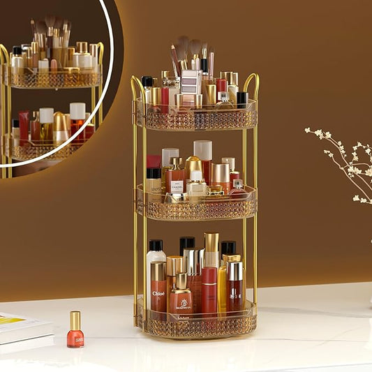 Awenia Rotating Makeup Organizer 360, Stackable Adjustable Large Capacity Cosmetic Storage Unit,Dresser Bathroom Kitchen Countertop Organizer with Metal Handle, Plus Size (Honorable Gold, 3 Tier)