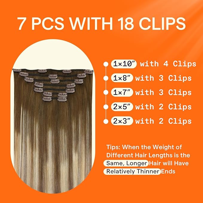 Full Shine Clip in Hair Extensions Human Hair Brown Balayage to Ash Brown Mix Honey Blonde And Lightest Blonde Straight Human Hair Extensions Clip ins 20 Inch Double Weft Clip in Extensions 120 G