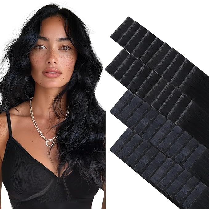 GOO GOO Invisi Edge Tape in Hair Extensions Human Hair, 1 Jet black 20pcs injected with 20pcs classical tape ins, 12inch 80g, Virgin Remy Hair, Natural Look