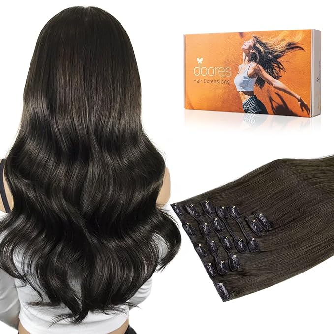 DOORES Clip in Hair Extensions Human Hair Extensions, Mocha Brown 16 Inch 7pcs 120g, Real Hair Extensions Remy Natural Human Hair Extensions Silky Straight Thick Hair