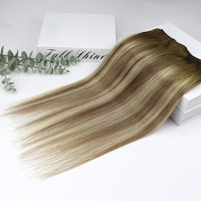 Full Shine Clip in Hair Extensions Ombre Dark Brown Roots Brown Mix Blonde Hair Extension Real Human Hair 20 Inch Hair Extensions Clip ins for Women Straight Natural Hair 3 PCS 60 G