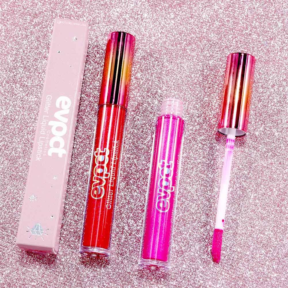 evpct 2Pcs Ruby Red Rose Pink Matte to Glitter Liquid Lipstick Set Kit for Women Long Lasting Glossy Metallic Shimmer Sparkle Lipstick Lip Gloss 3+11