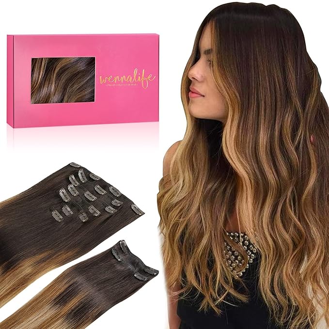 WENNALIFE Clip in Hair Extensions, 150g 24 Inch 9pcs Highlight Dark Brown to Chestnut Brown and Dirty Blonde Human Hair Extensions Thicker Clip in Hair Extensions Real Human Hair Clip Set Double Weft