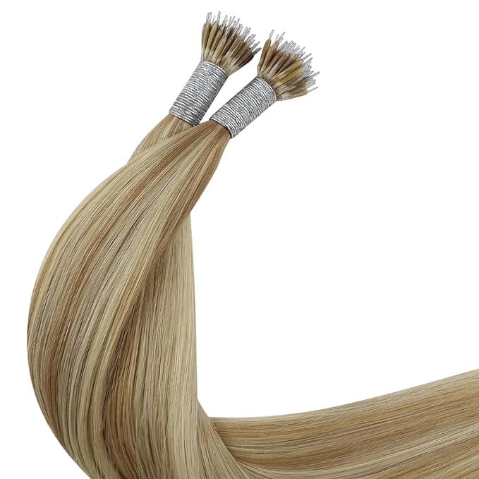 YoungSee Nano Extensions Human Hair Blonde Nano Ring Hair Extensions Warm Ash Blonde Highlights Bleach Blond Nano-Bead Extension Human Hair Cold Fusion Hair Extension 20 Inch for Wedding 50s 50g