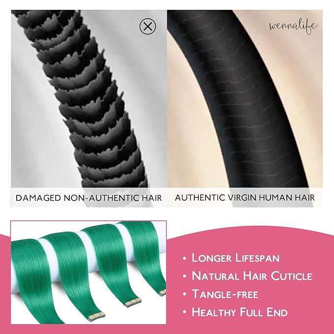 WENNALIFE Tape in Hair Extensions Human Hair Green Tape in Extensions, 10pcs 25g 16 inch Remy Invisible Tape Ins Straight Colored Soft Real Human Hair Tape in Extensions Refill Set Extensions
