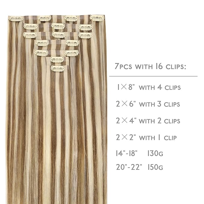 WENNALIFE Seamless Clip In Hair Extensions, 14 Inch 7pcs 130g Ash Brown with Platinum Blonde Highlights Hair Extensions Clip In Real Human Hair Extensions Invisible PU Weft Hair