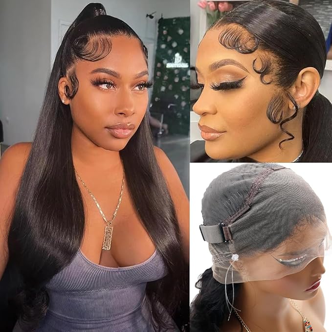 Hidden Strap Invisi Strap Straight 360 Glueless Wigs Human Hair Pre Plucked Pre Bleached Brazilian Virgin Wig With Drawstring 250 Density HD Full Lace Front Wigs Human Hair 24 Inch
