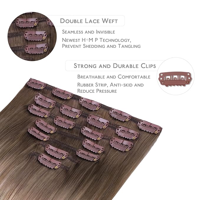 WENNALIFE Clip in Hair Extensions Real Human Hair, 16 Inch g 7pcs Balayage Sandy Brown to Platinum Blonde Remy Hair Straight Natural Extensiones De Cabello Humano Con Clip Ins