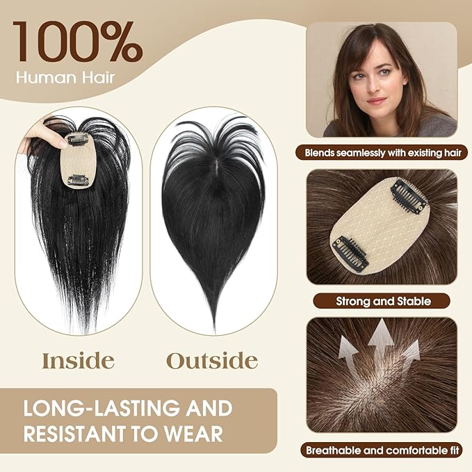 Hair Toppers for Women Real Human Hair (Dark Blonde#27)-360°3D 10inch Topper with Bangs for Thinning Hair, Clip-in Bangs with Upgraded Silk Base, Perfect for Daily Wear