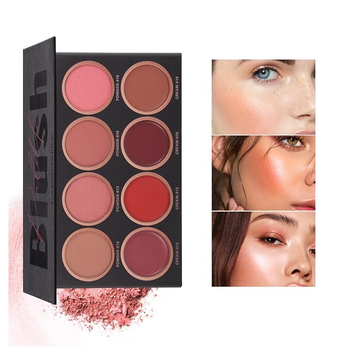 8 Colors Blush Palette, 4 Dry Powders + 4 4 Blush Creams, Contour and Highlight Blush Palette for Cheek and Eye Makeup Long-Lasting Pigment Lightweight Professional Blush Palette(1, pink, Large)