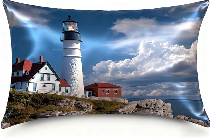1 Pack Satin Pillowcase for Hair and Skin Lighthouse by The Sea Imitation Silk Pillowcase with Hidden Zipper Soft Breathable Pillow Cover Standard Size for Bedroom Sofa 20”x26”