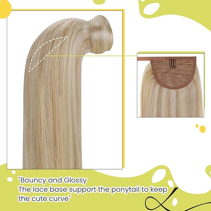 RUNATURE Blonde Human Hair Ponytail Extension, Long Ponytail Extension Real Human Hair 20 Inch, Ponytail Hair Extensions With Magic Paste, Remy Natural Hair, 80g #18P613 Ash Blonde Highlight