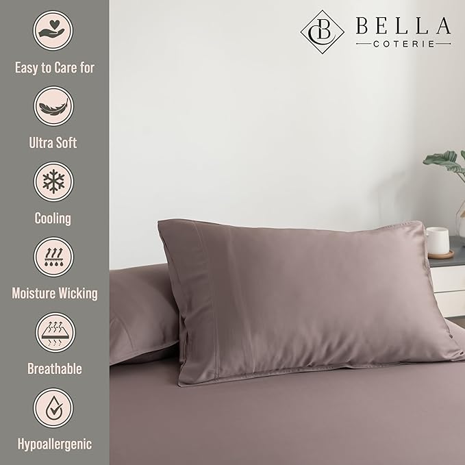 Bella Coterie | Luxury Bamboo Viscose Queen Size Pillowcase Set | 100% Organically Grown | Ultra Soft | Cooling | 2 Pcs [Mocha]