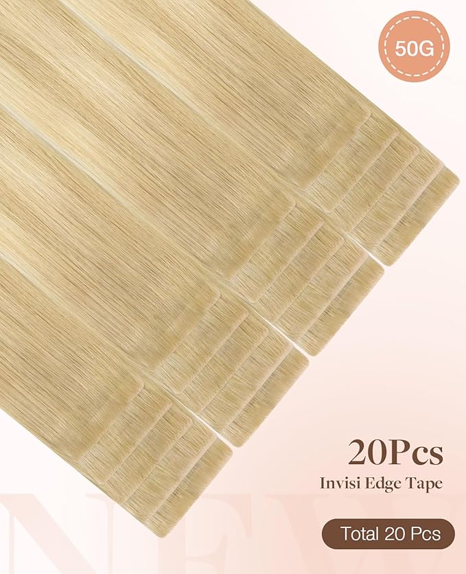 GOO GOO Invisi Edge Tape in Hair Extensions Human Hair, 18AT60A Pearl Ash Blonde Highlights 20pcs 10inch 30g, Virgin Remy Hair, Seamless Injected Tape, Natural Look