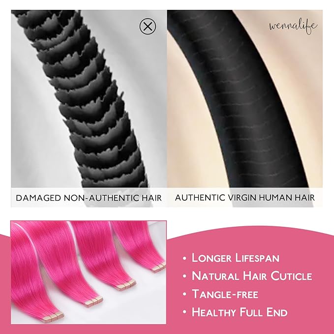 WENNALIFE Tape in Hair Extensions Human Hair Hot Pink Tape in Extensions, 10pcs 30g 22 inch Remy Invisible Tape Ins Straight Colored Soft Real Human Hair Tape in Extensions Refill Set Extensions