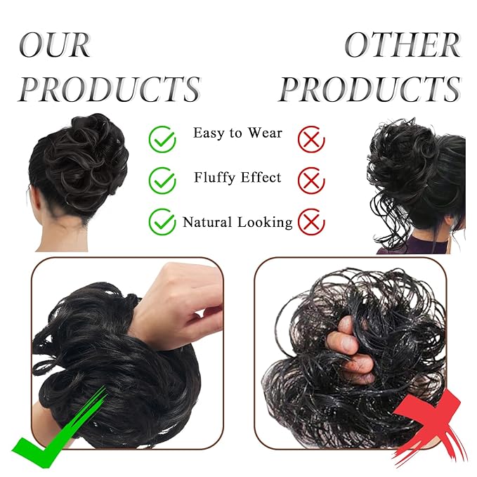 Large Messy Bun Hair Piece Curly Synthetic Extensions Scrunchies Fake Chignon Updo Hairpieces for Women Darkest Brown