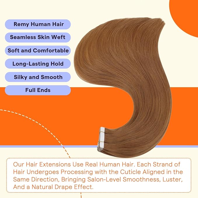 Full Shine Tape in Hair Extensions Human Hair Color 330 Orange Seamless Skin Weft Human Hair Double Sided Tape in Extensions 24 Inch Hair Extensions Real Human Hair 50g 20PCS Straight Hair